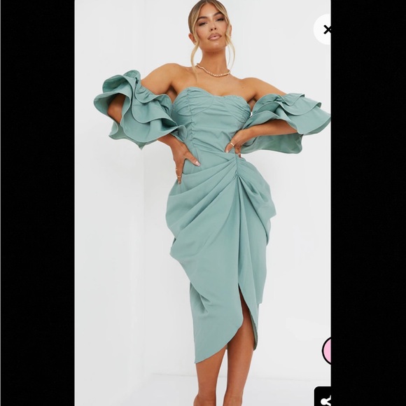 Sage green Frill sleeve draped midi dress. Size Medium (8) New with tag